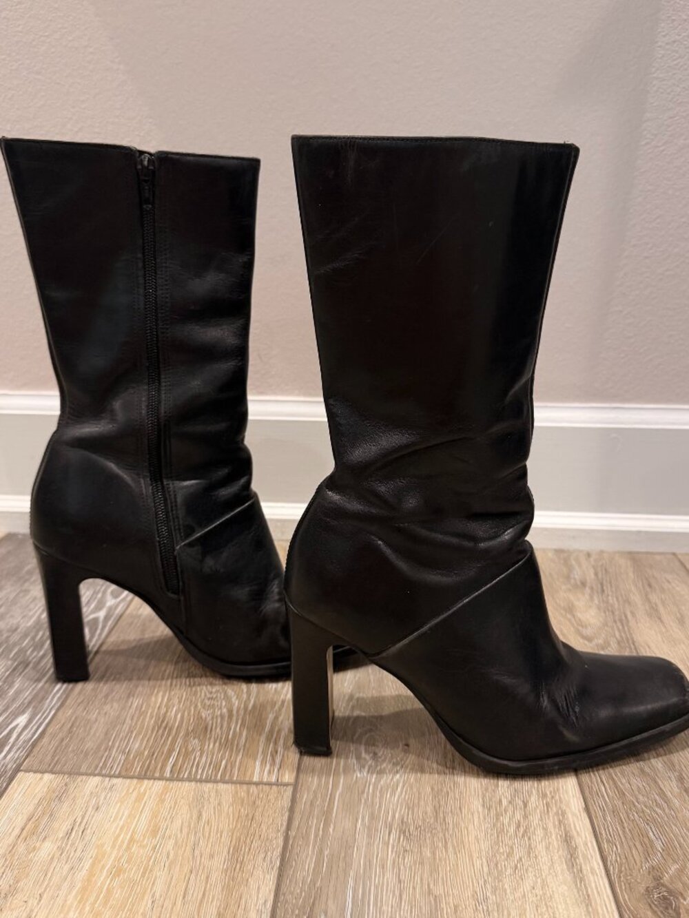 Vintage 90s Y2K Black Leather Square Toe Block Heel Boots Size 7.5M width